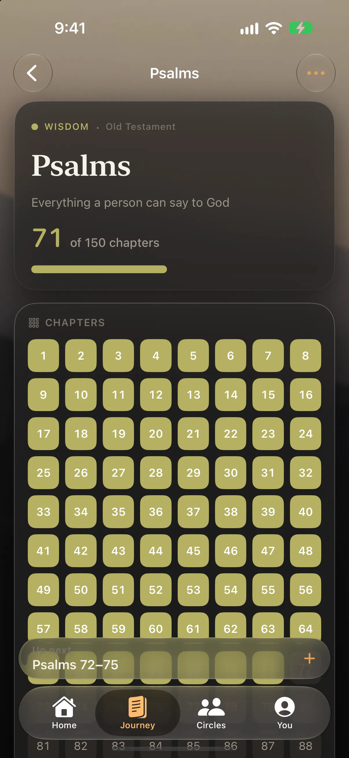 Psalms as a grid of 150 chapter cells, 71 of them filled in Wisdom’s olive, under the landmark Everything a person can say to God.