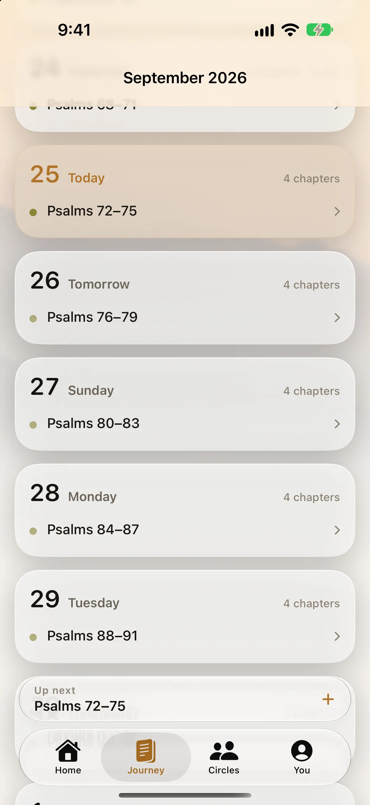 The Journey: September 2026, with today’s Psalms 72 to 75 highlighted and the plan’s next days beneath.