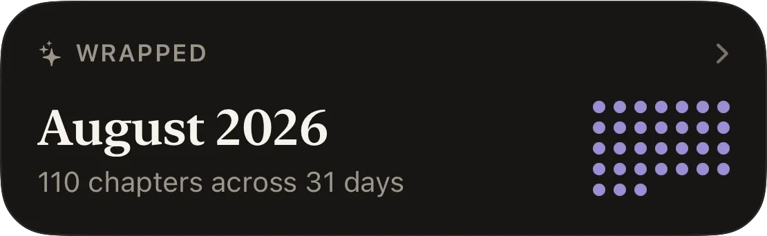 Wrapped: August 2026, 110 chapters across 31 days, with the month as a dot calendar.