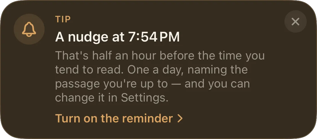 The reminder tip on Home: A nudge at 7:54 PM, half an hour before the time you tend to read.