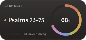 The medium Up next widget: Psalms 72–75, 64 days running, and the ring at 68%.