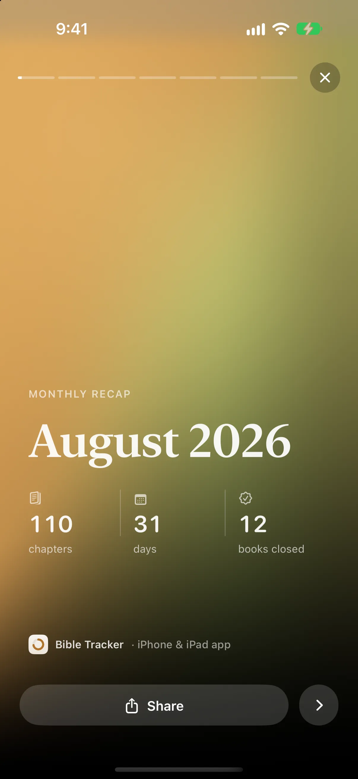 A Wrapped card: Monthly recap, August 2026 — 110 chapters, 31 days, 12 books closed — over a drifting orange and olive field.